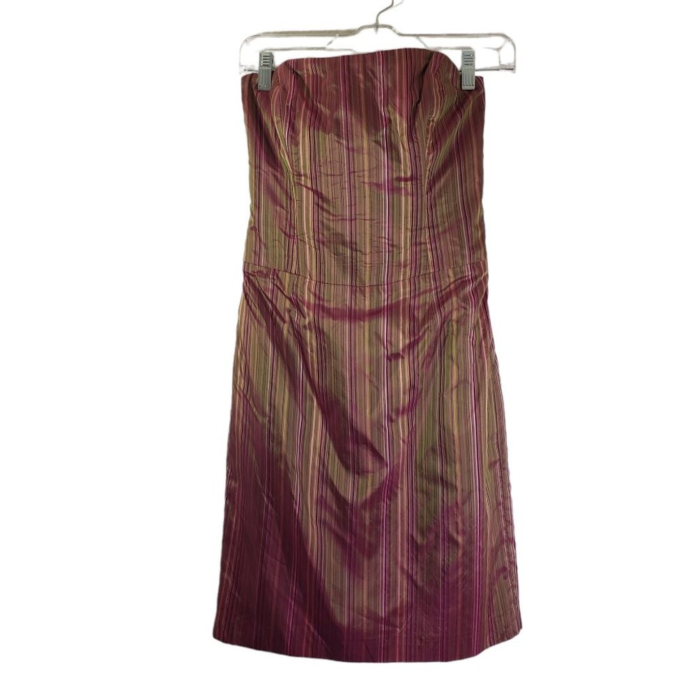 NICOLE MILLER Size 0 Pink, Maroon, Green Stripe Silk Strapless Bodycon Dress